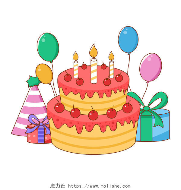卡通Q版生日礼物和蛋糕气球过生日png素材
